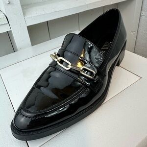 Zara Black Loafers Pointed Toe Faux Patten Leather Gold Hardware Women’s size 39